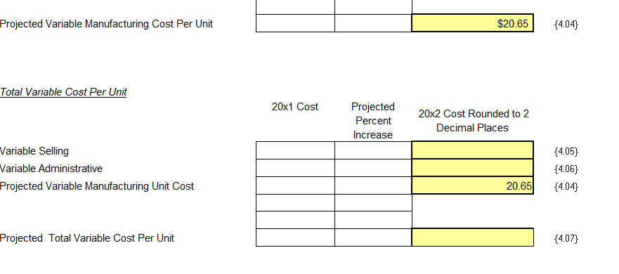 Projected Variable Manufacturing Cost Per Unit Total Variable Cost Per Unit Variable