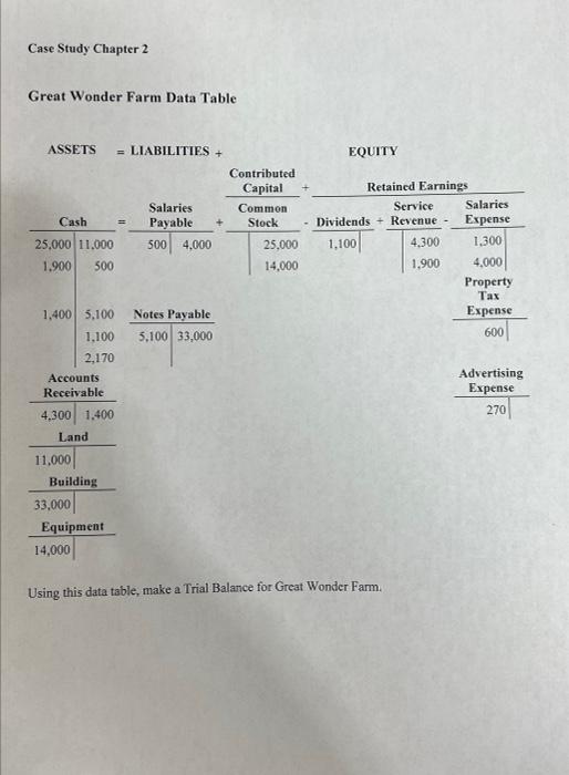 Case Study Chapter 2 Great Wonder Farm Data Table ASSETS LIABILITIES +
