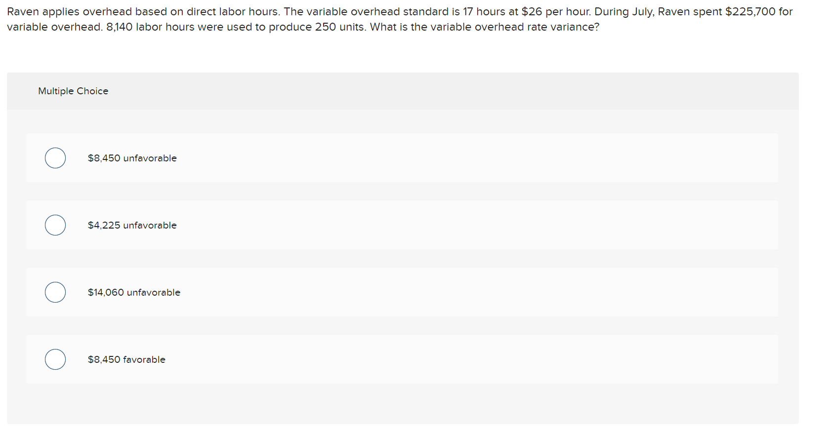 Raven applies overhead based on direct labor hours. The variable overhead standard