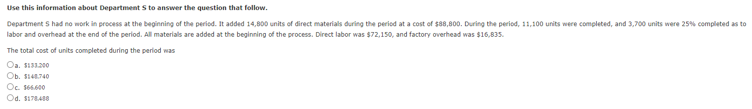 Use this information about Department S to answer the question that follow.