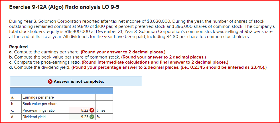 Exercise 9-12A (Algo) Ratio analysis LO 9-5 During Year 3, Solomon Corporation