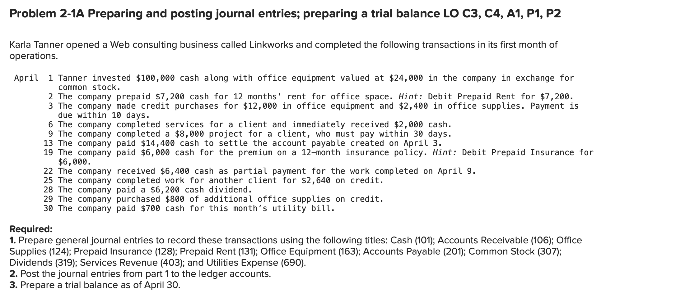 Problem 2-1A Preparing and posting journal entries; preparing a trial balance LO