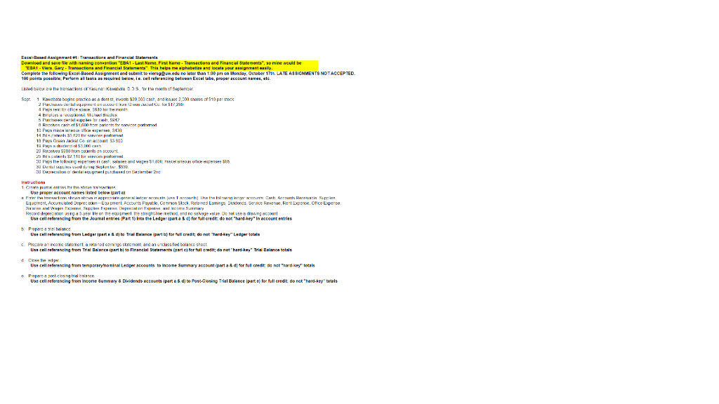 Excel-Based Assignment #1: Transactions and Financial Statements Download and save file with