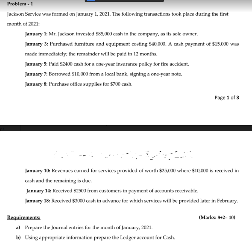 Problem - 1 Jackson Service was formed on January 1, 2021. The