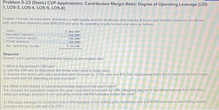 Problem 5-23 (Static) CVP Applications; Contribution Margin Ratio: Degree of Operating Leverage