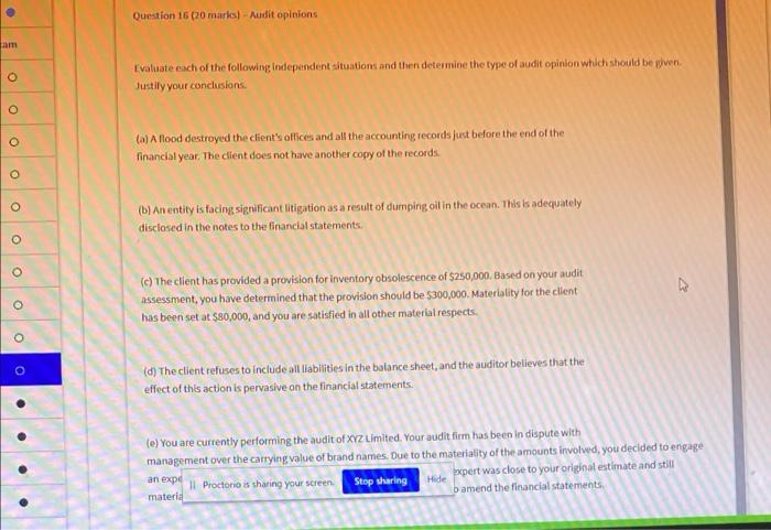 am 0 Question 16 (20 marks)- Audit opinions Evaluate each of the