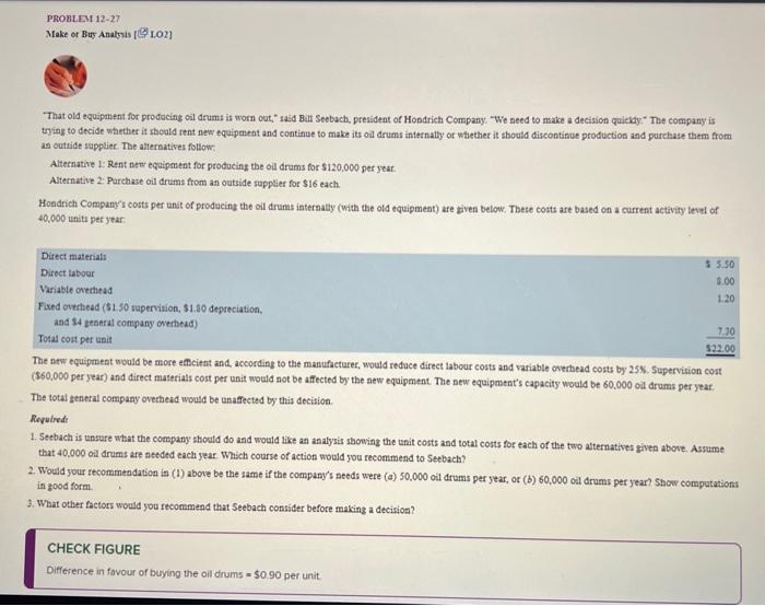 PROBLEM 12-27 Make or Buy Analysis [102] "That old equipment for producing