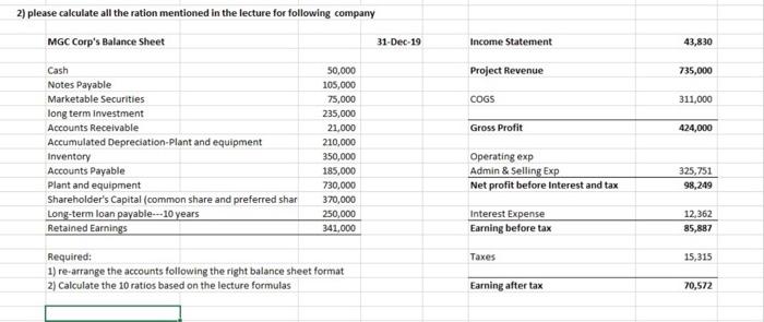 2) please calculate all the ration mentioned in the lecture for following
