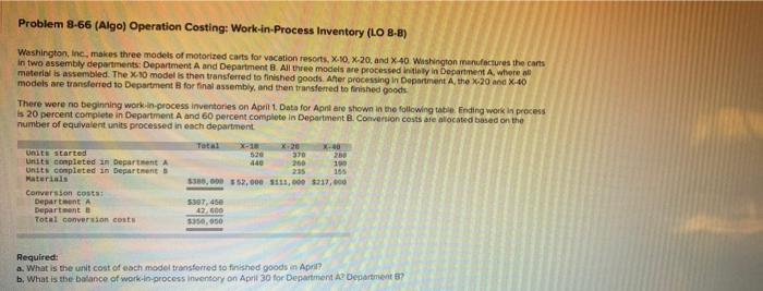 Problem 8-66 (Algo) Operation Costing: Work-in-Process Inventory (LO 8-8) Washington, Inc., makes