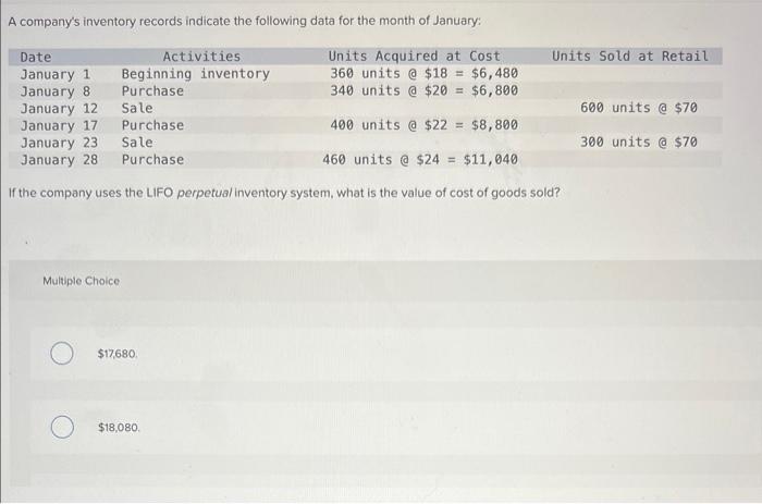 A company's inventory records indicate the following data for the month of