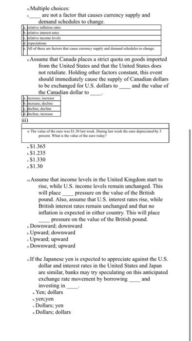 Multiple choices: are not a factor that causes currency supply and demand
