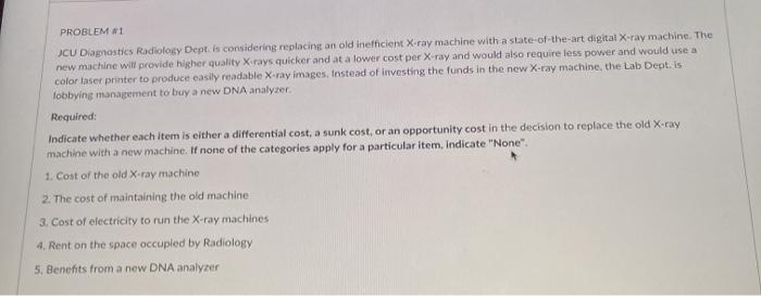PROBLEM #1 JCU Diagnostics Radiology Dept. is considering replacing an old inefficient