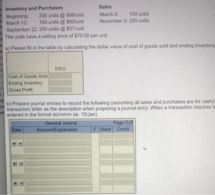 Inventory and Purchases Sales Beginning: 200 units @ $66/unit March 9: March
