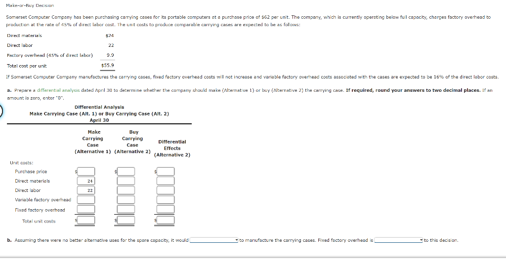 Make-or-Buy Decision Somerset Computer Company has been purchasing carrying cases for its