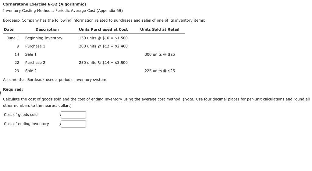Cornerstone Exercise 6-32 (Algorithmic) Inventory Costing Methods: Periodic Average Cost (Appendix 6B)