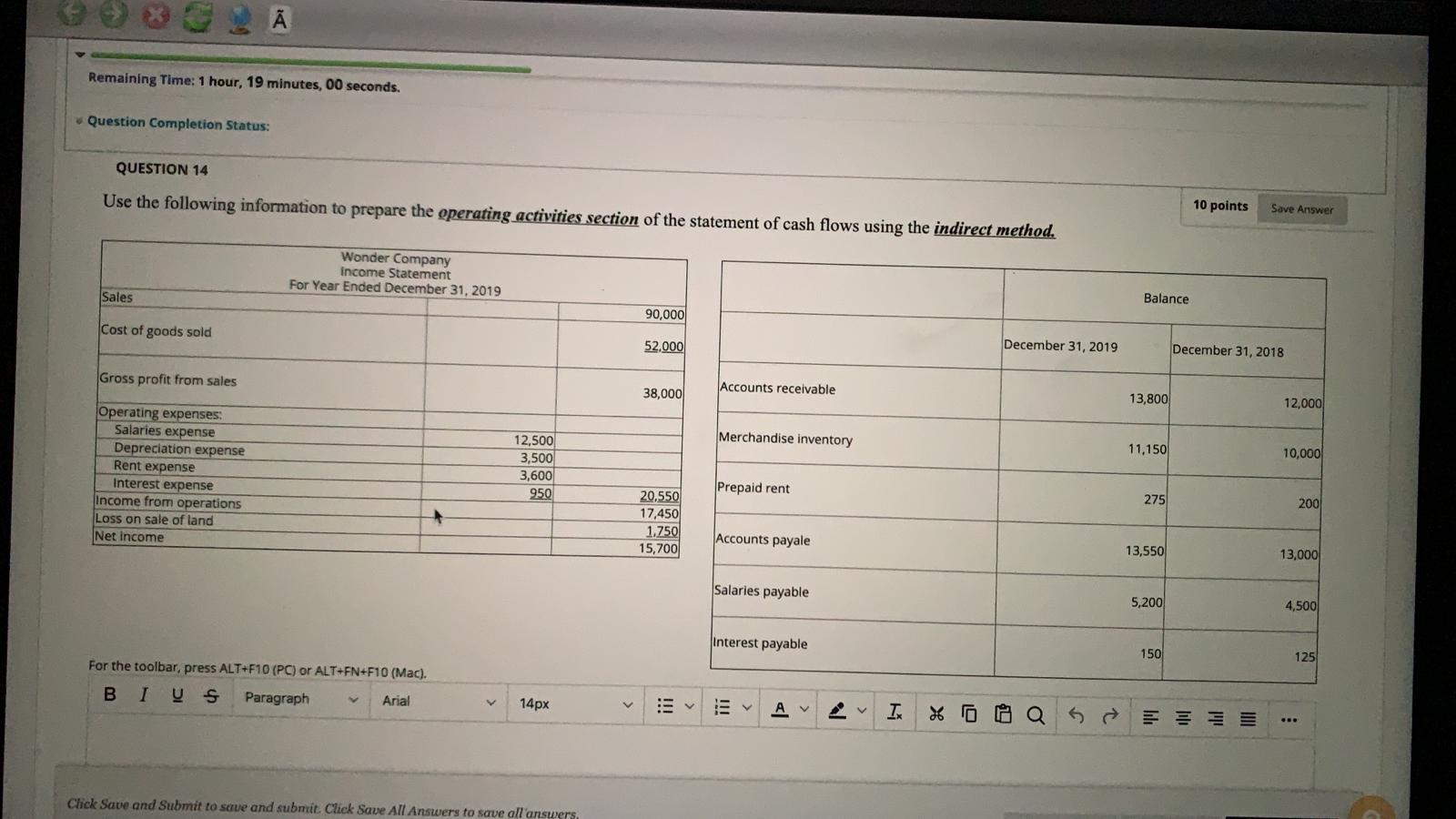 Remaining Time: 1 hour, 19 minutes, 00 seconds. Question Completion Status: QUESTION