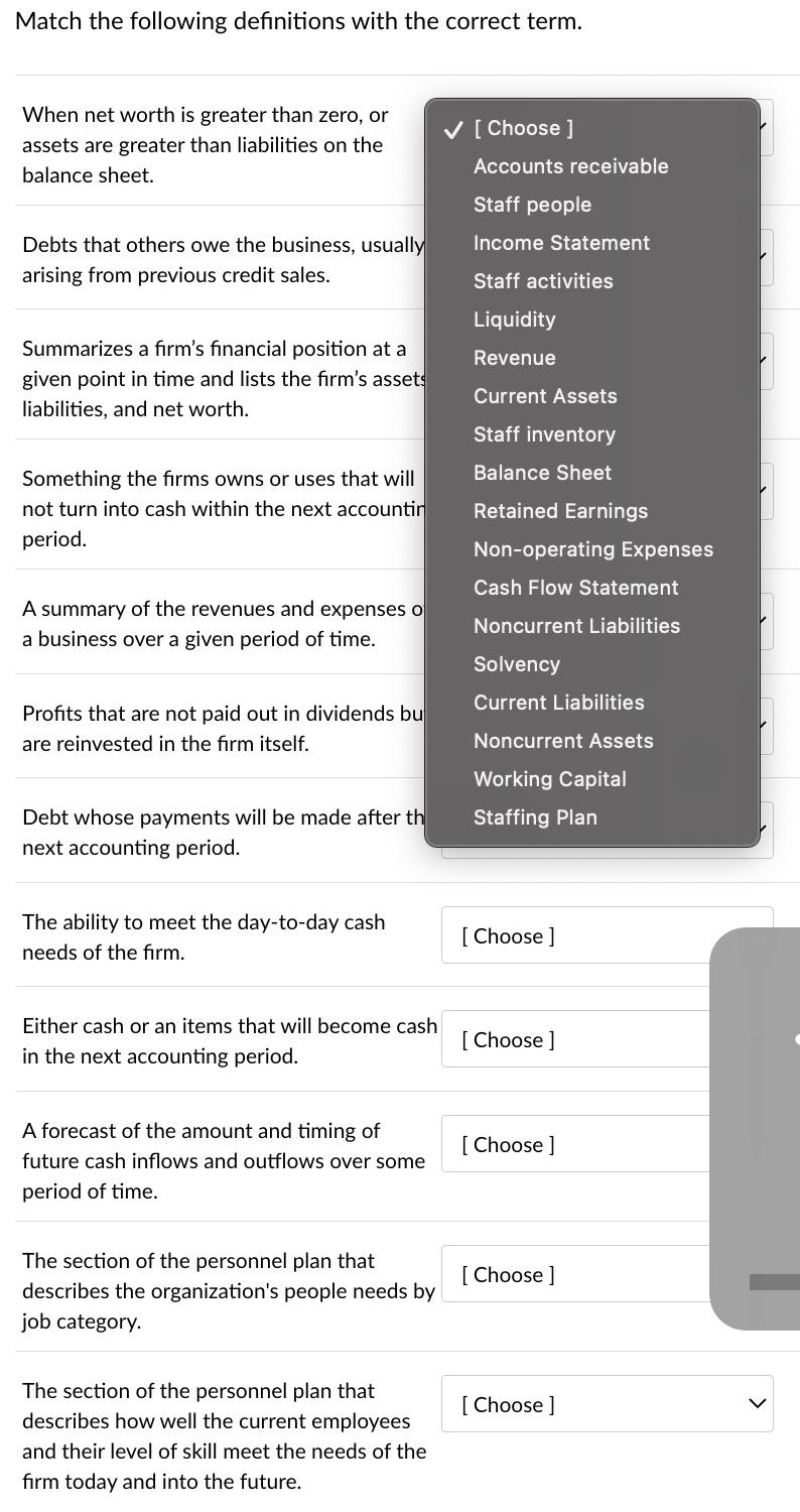Match the following definitions with the correct term. When net worth is