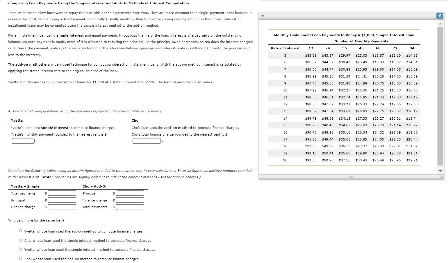 Comparing Loan Payments Using the Simple-Interest and Add-On Methods of Interest Computation