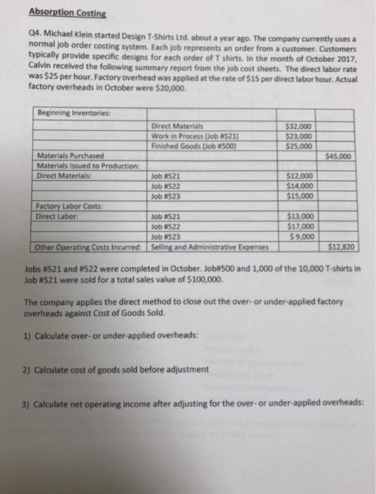 Absorption Costing Q4. Michael Klein started Design T-Shirts Ltd. about a year