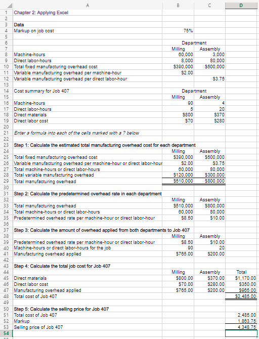 A B 1 Chapter 2: Applying Excel 2 3 Data 4 Markup