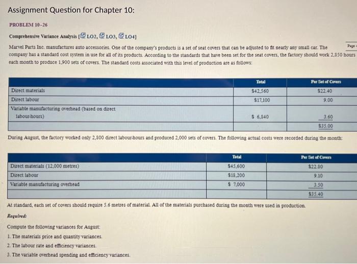 Assignment Question for Chapter 10: PROBLEM 10-26 Comprehensive Variance Analysis [LO2, LO3,