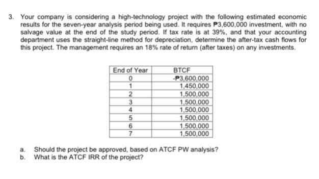 3. Your company is considering a high-technology project with the following estimated