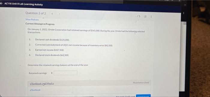 AC116 Unit 8 Lab Learning Activity Question 2 of 2 View Policies