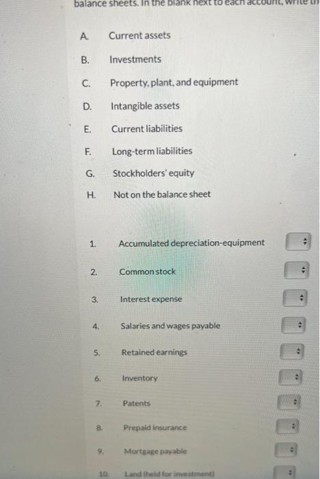 balance sheets. In the blank next to A. Current assets B. Investments