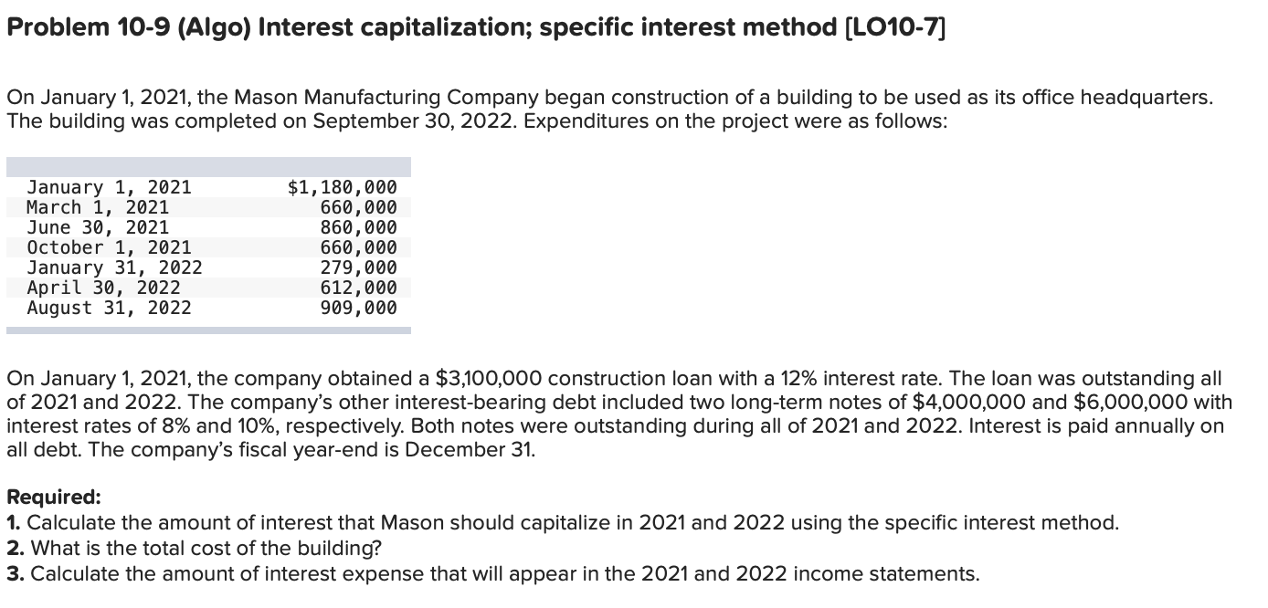 Problem 10-9 (Algo) Interest capitalization; specific interest method [LO10-7] On January 1,