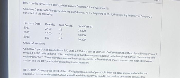 Based on the information below, please answer Question 15 and Question 16: