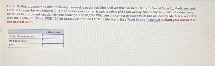 Larren Buffett is concerned after receiving her weekly paycheck. She believes that