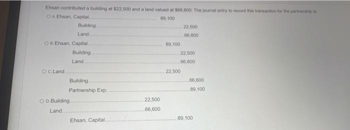 Ehsan contributed a building at $22,500 and a land valued at $66,000.