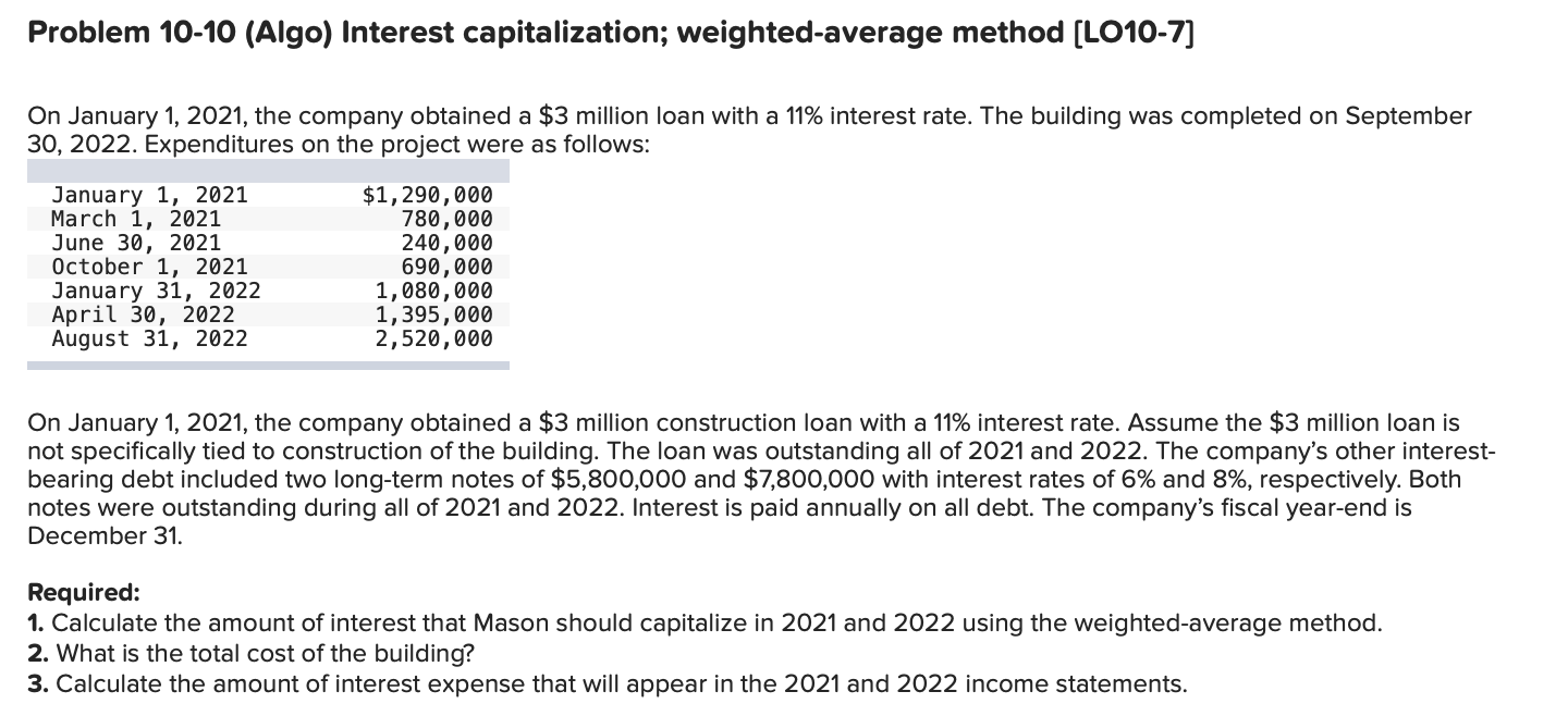 Problem 10-10 (Algo) Interest capitalization; weighted-average method [LO10-7] On January 1, 2021,