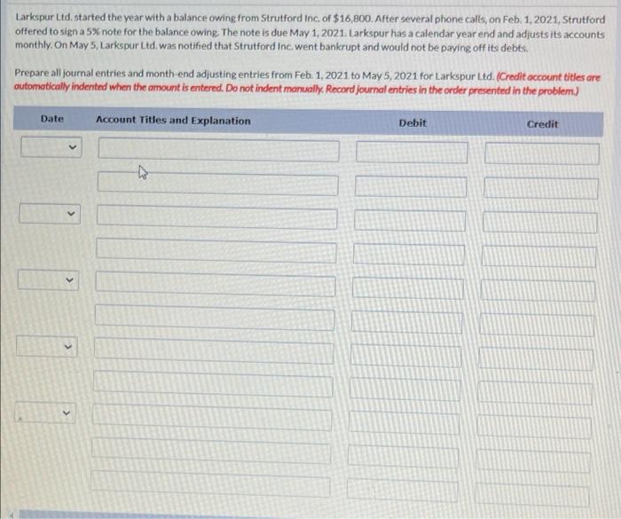 Larkspur Ltd. started the year with a balance owing from Strutford Inc.