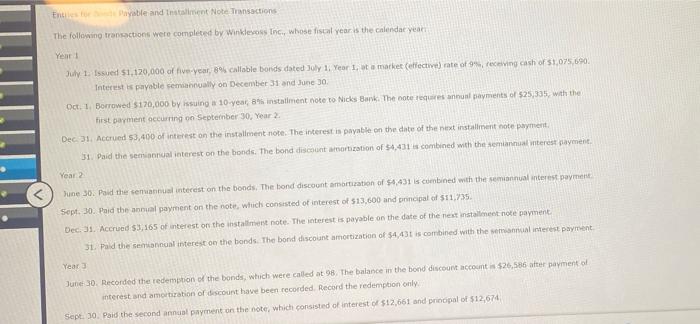 Entries for de Payable and Installment Note Transactions The following transactions were