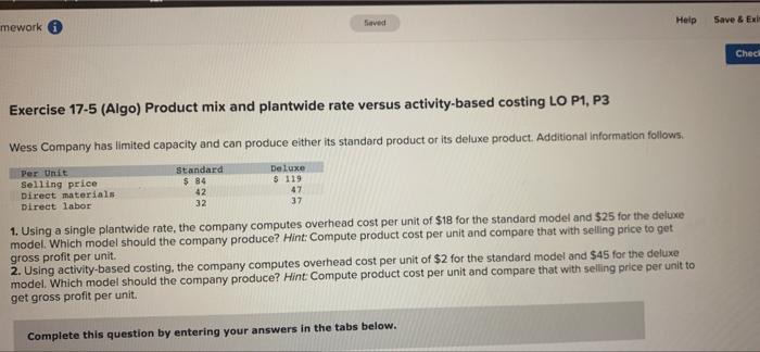 mework Saved Help Save & Exit Exercise 17-5 (Algo) Product mix and