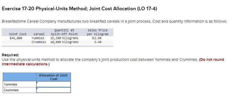 Exercise 17-20 Physical-Units Method; Joint Cost Allocation (LO 17-4) Breakfasttime Cereal Company