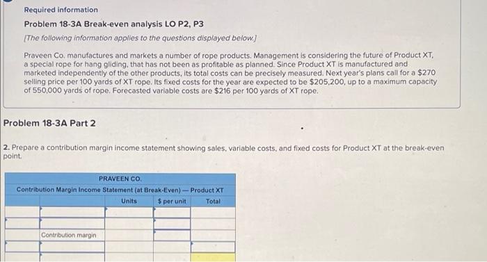 Required information. Problem 18-3A Break-even analysis LO P2, P3 [The following information