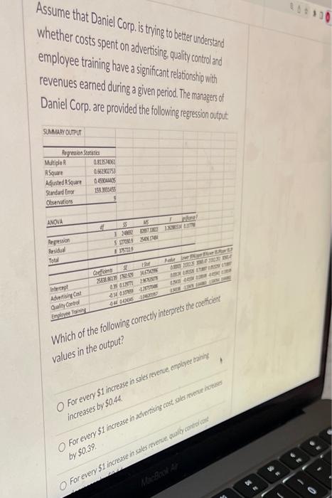 Assume that Daniel Corp. is trying to better understand whether costs spent