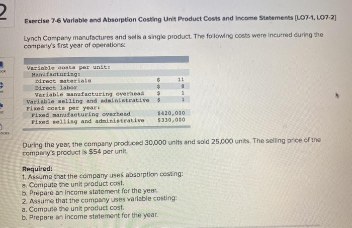2 bok Exercise 7-6 Variable and Absorption Costing Unit Product Costs and