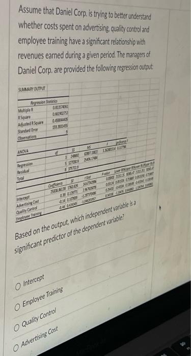 Assume that Daniel Corp. is trying to better understand whether costs spent