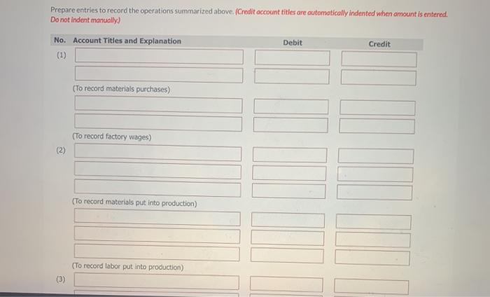 quarter's production 1. Materials purchased on account $194,400, and factory wages incurred