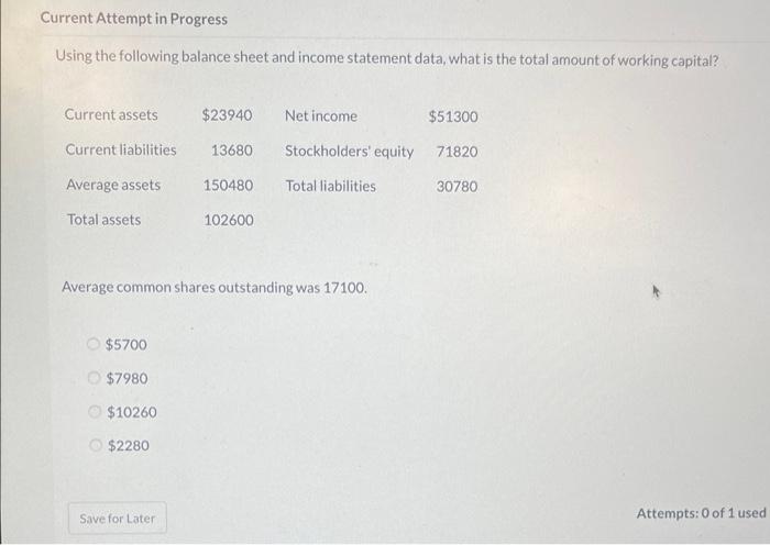 Current Attempt in Progress Using the following balance sheet and income statement
