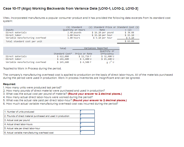 Case 10-17 (Algo) Working Backwards from Varlance Data [LO10-1, LO10-2, LO10-3] Vitex,