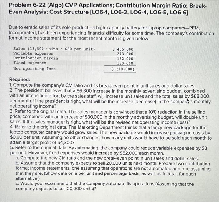 Problem 6-22 (Algo) CVP Applications; Contribution Margin Ratio; Break- Even Analysis; Cost