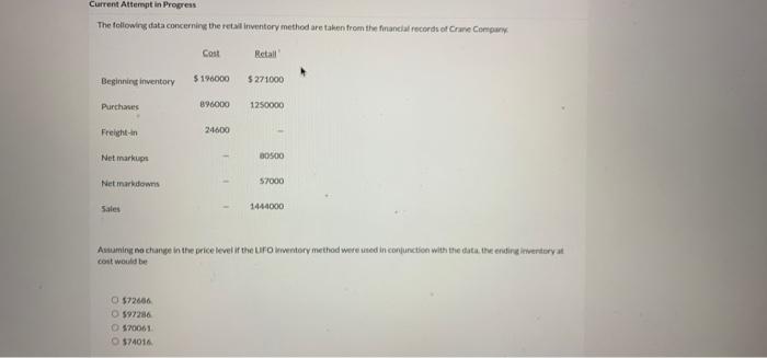 Current Attempt in Progress The following data concerning the retail inventory method