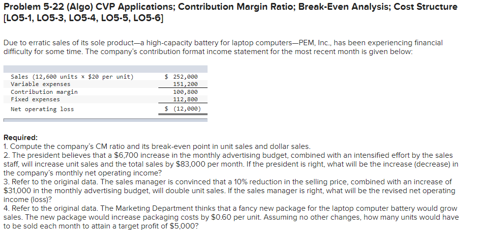 Problem 5-22 (Algo) CVP Applications; Contribution Margin Ratio; Break-Even Analysis; Cost Structure