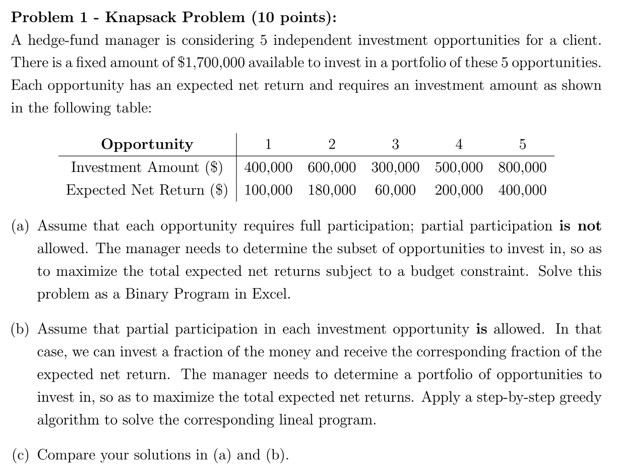 Problem 1 - Knapsack Problem (10 points): A hedge-fund manager is considering