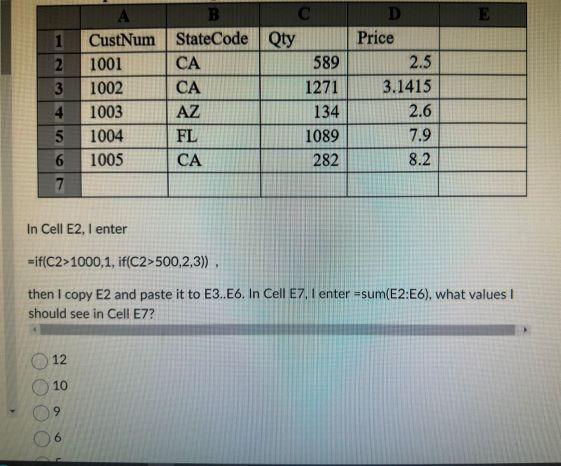 B D E 1 CustNum StateCode Qty Price 2 1001 CA 589