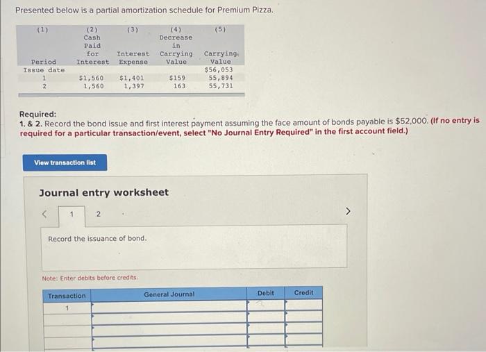 Presented below is a partial amortization schedule for Premium Pizza. (1) Period
